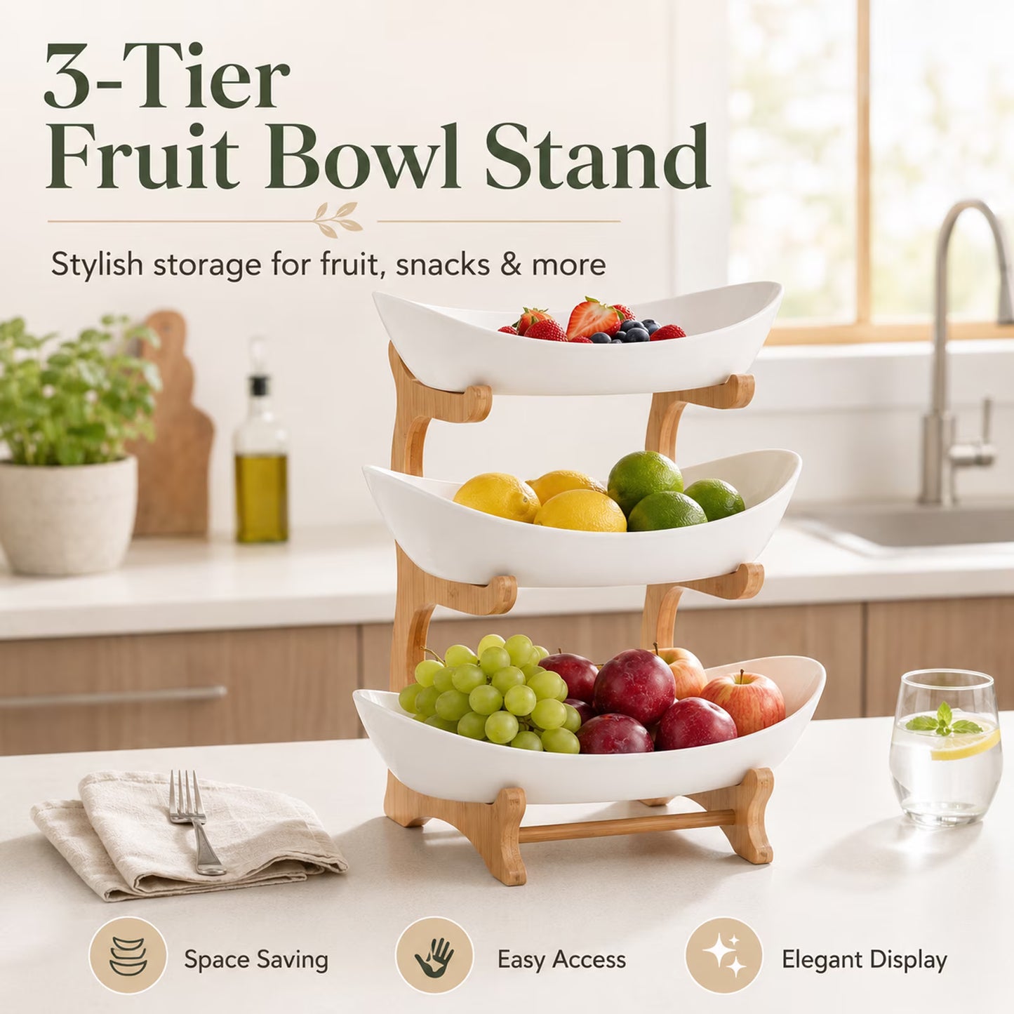 3 Tier Plastic Fruit Bowl With Bamboo Wood Stand, Serving Tray Rack for Fruits, Vegetables, Snacks and Desserts for Home & Events (White)