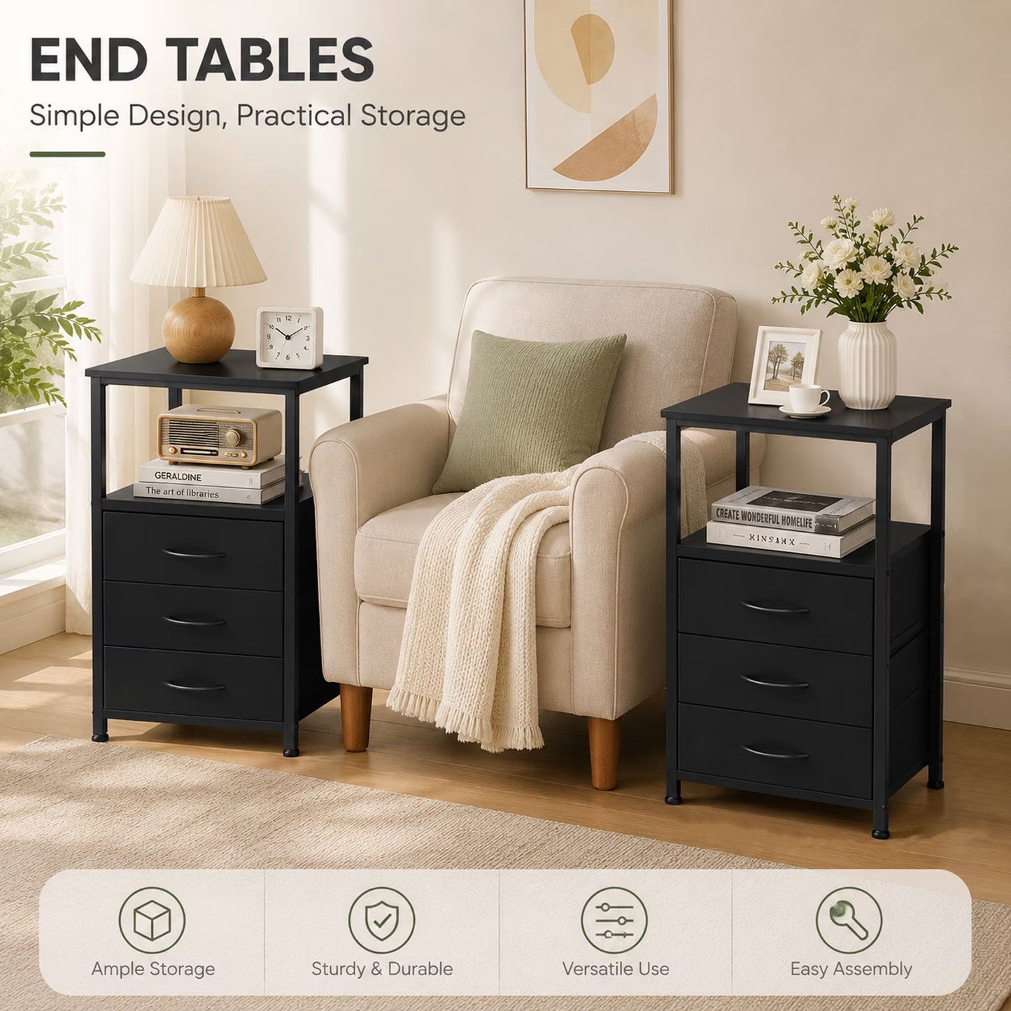 Wooden Nightstand with LED Light, 3 Drawers, 2-Tier Shelf & Charging Station, Bedside Table for Home & Office