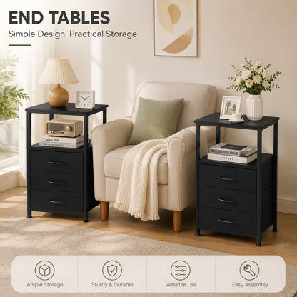 Wooden Nightstand with LED Light, 3 Drawers, 2-Tier Shelf & Charging Station, Bedside Table for Home & Office