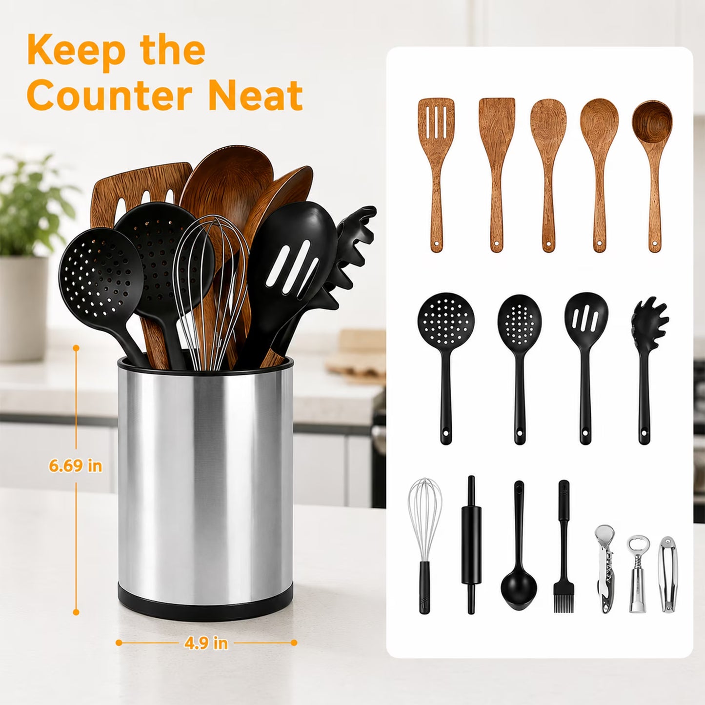 Kitchen Utensil Holder, 360° Rotating Stainless Steel Utensil Holder for Countertop, 3 Compartment Cooking Utensil Holder with Removable Divider, Drainage Base