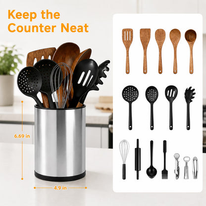Kitchen Utensil Holder, 360° Rotating Stainless Steel Utensil Holder for Countertop, 3 Compartment Cooking Utensil Holder with Removable Divider, Drainage Base