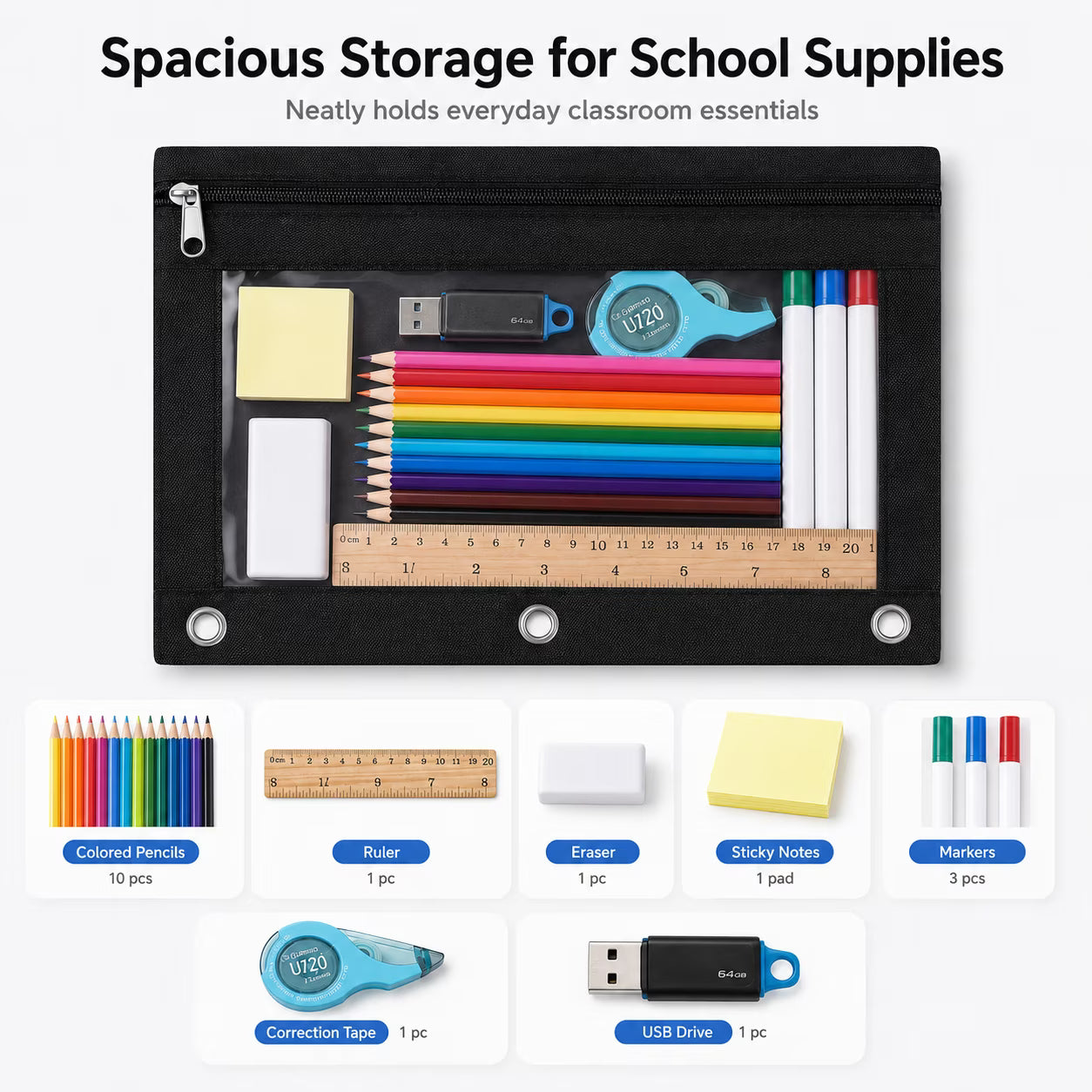 24 Packs Black Pencil Pouch for 3 Ring Binder, Binder Pouches with Zipper, 9.8 x 7.3 in Clear Window Zipper Pouch, Oxford PVC