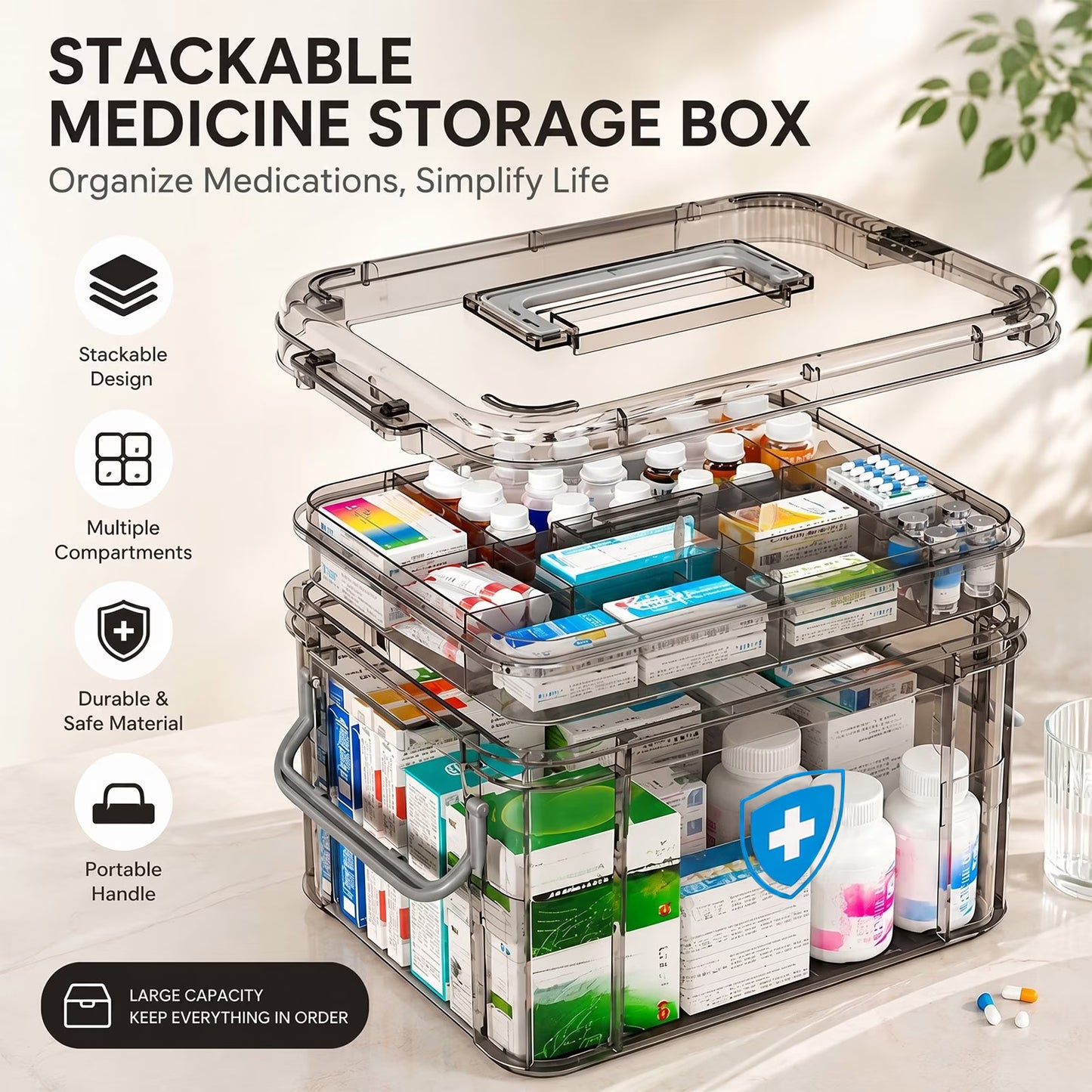 2-Tier Medicine Organizer, Portable Plastic Medical Box with Handle, Dual-Layer Storage Case for Pills and First Aid Supplies at Home