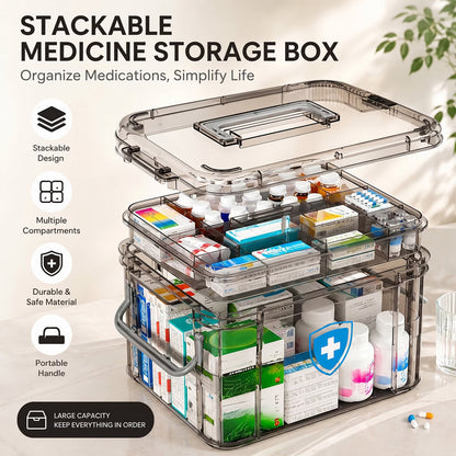 2-Tier Medicine Organizer, Portable Plastic Medical Box with Handle, Dual-Layer Storage Case for Pills and First Aid Supplies at Home