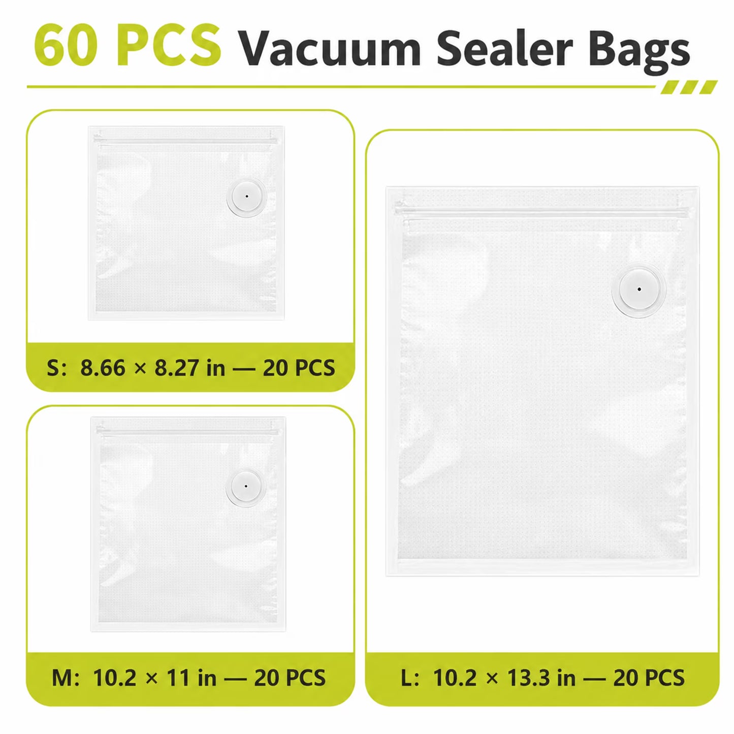 60 PCS Vacuum Sealer Bags for Food, Reusable Vacuum Seal Bags with Air Valve, Double Zipper Seal & Sealing Clips, Clear Vacuum Storage Bags for Kitchen Food Storage, 20 L + 20 M + 20 S