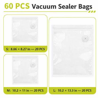 60 PCS Vacuum Sealer Bags for Food, Reusable Vacuum Seal Bags with Air Valve, Double Zipper Seal & Sealing Clips, Clear Vacuum Storage Bags for Kitchen Food Storage, 20 L + 20 M + 20 S