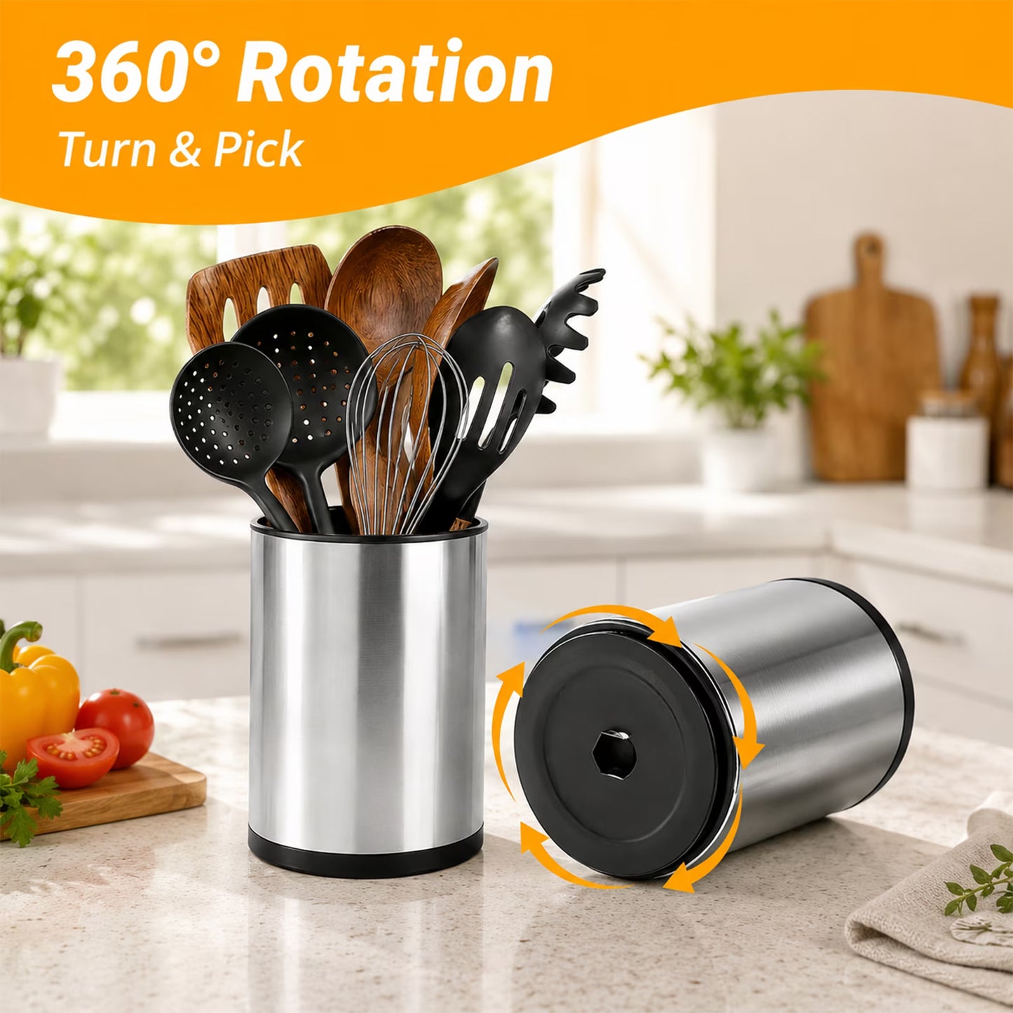 Kitchen Utensil Holder, 360° Rotating Stainless Steel Utensil Holder for Countertop, 3 Compartment Cooking Utensil Holder with Removable Divider, Drainage Base