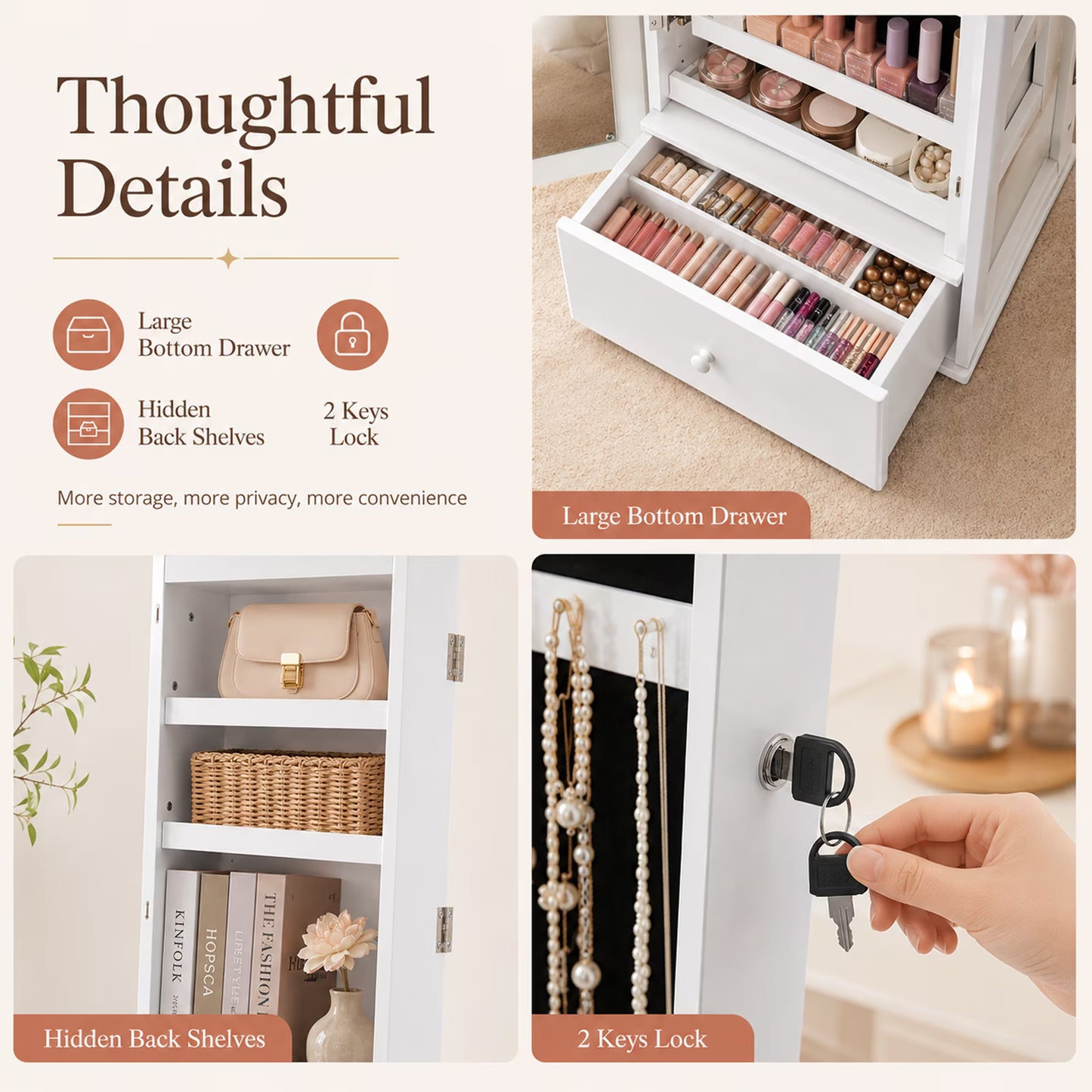 5-In-1 Jewelry Organizer With Drawer, Hanging Jewelry Organizer With Led Lights, 360° Swive Full Length Mirror, 15.83 x 14.96 x 64.96 Inches, Gift for Women, White