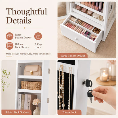 5-In-1 Jewelry Organizer With Drawer, Hanging Jewelry Organizer With Led Lights, 360° Swive Full Length Mirror, 15.83 x 14.96 x 64.96 Inches, Gift for Women, White