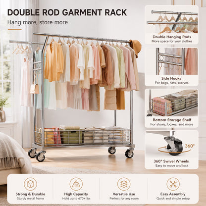 Heavy Duty Double Rod Clothing Rack, Adjustable Rolling Garment Rack with Wheels, 670LBS Load Capacity, Portable Clothes Rack for Bedroom Laundry Closet, Silver
