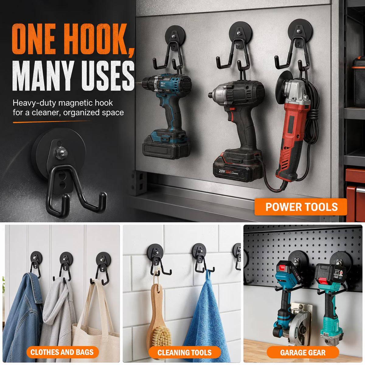 Heavy Duty Magnetic Hooks, 4 Pack Black Rubber Coated Magnet Hooks for Garage Tool Storage, Large Magnetic Hook for Power Drill, Garden Tools, Hose, Pegboard, Workshop & Indoor Outdoor Hanging