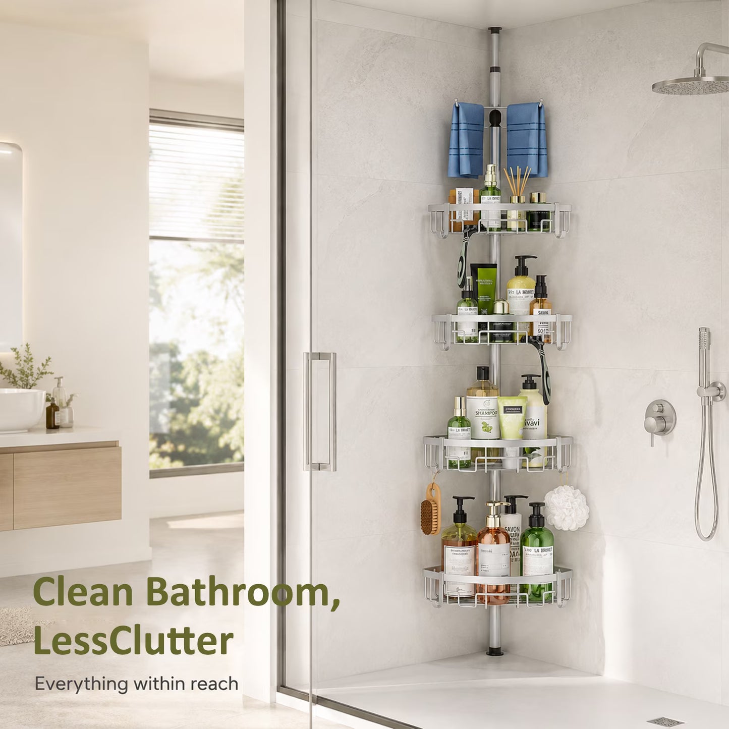 Corner Shower Caddy Tension Pole, 4-Tier Rustproof Bathroom Storage Shelf, Adjustable 62-115 Inch Bathtub Organizer, Silver