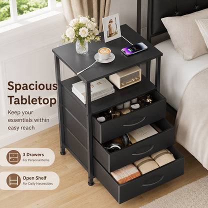 Wooden Nightstand with LED Light, 3 Drawers, 2-Tier Shelf & Charging Station, Bedside Table for Home & Office
