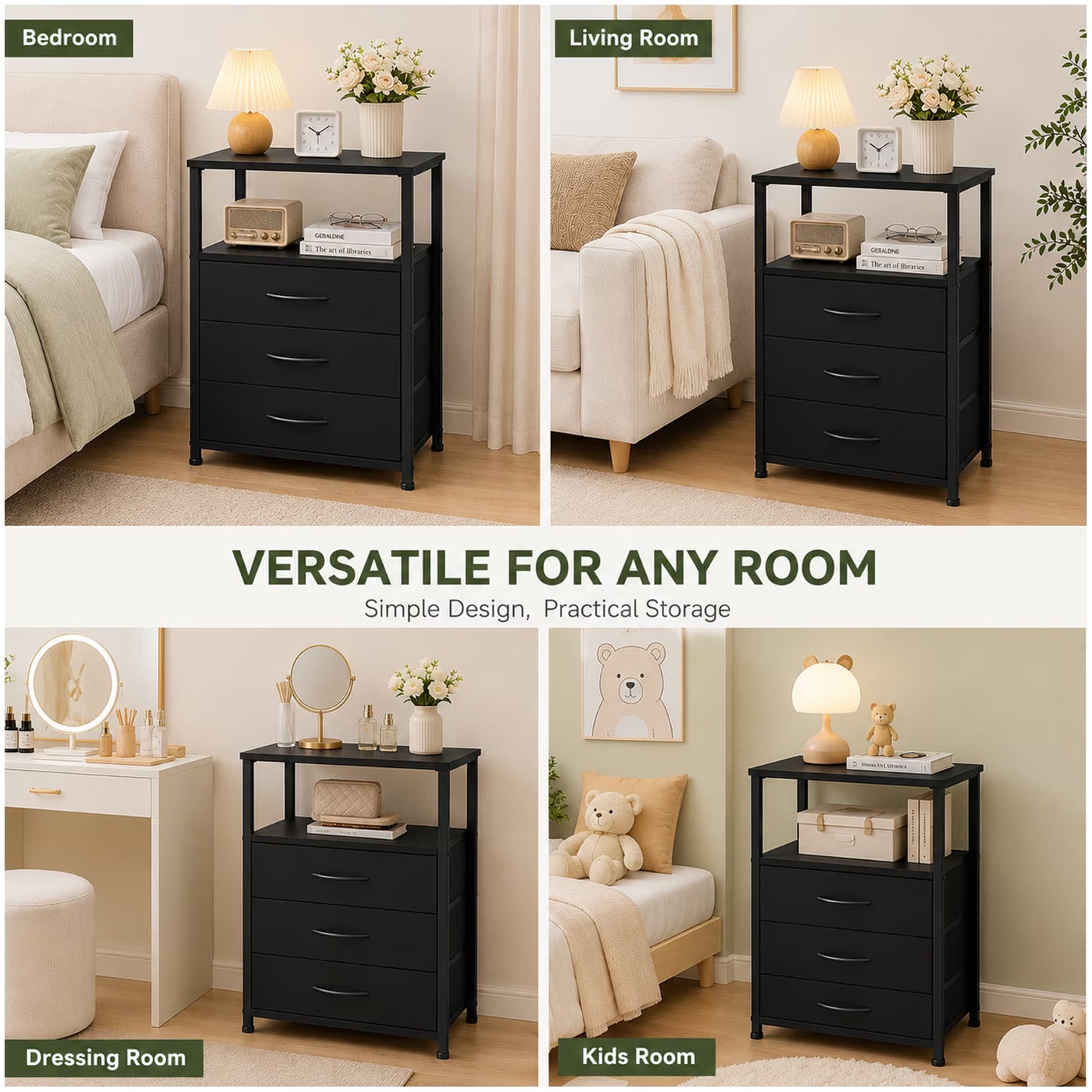 Wooden Nightstand with LED Light, 3 Drawers, 2-Tier Shelf & Charging Station, Bedside Table for Home & Office