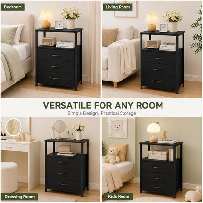 Wooden Nightstand with LED Light, 3 Drawers, 2-Tier Shelf & Charging Station, Bedside Table for Home & Office