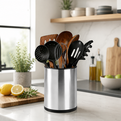 Kitchen Utensil Holder, 360° Rotating Stainless Steel Utensil Holder for Countertop, 3 Compartment Cooking Utensil Holder with Removable Divider, Drainage Base