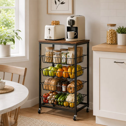 4 Tier Wheeled Snack Storage Trolley with Wooden Top & Pull Out Baskets, Mobile Rolling Fruit Vegetable Organizer Cart, Multiuse Rolling Storage Unit for Kitchen Pantry and Living Room, Brown