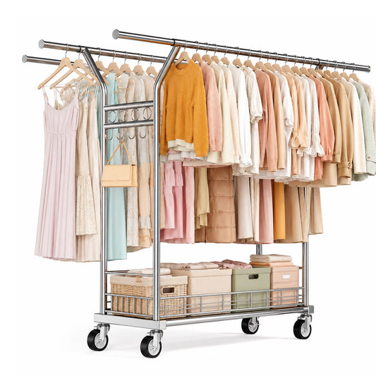 Heavy Duty Double Rod Clothing Rack, Adjustable Rolling Garment Rack with Wheels, 670LBS Load Capacity, Portable Clothes Rack for Bedroom Laundry Closet, Silver