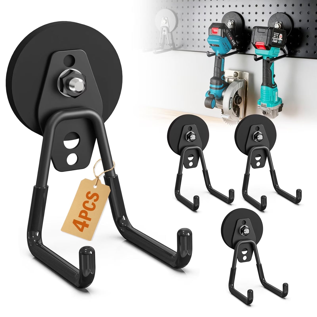Heavy Duty Magnetic Hooks, 4 Pack Black Rubber Coated Magnet Hooks for Garage Tool Storage, Large Magnetic Hook for Power Drill, Garden Tools, Hose, Pegboard, Workshop & Indoor Outdoor Hanging
