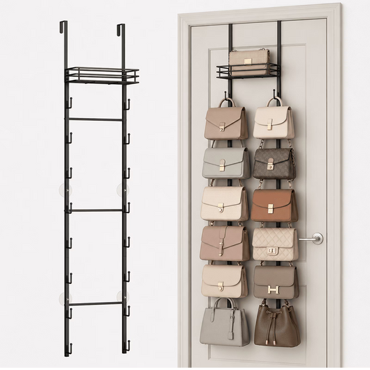 Over the Door Purse Organizer with 16 Hooks — Wall-Mounted Handbag Rack with Metal Basket, Closet Storage for Bags, Hats & Accessories