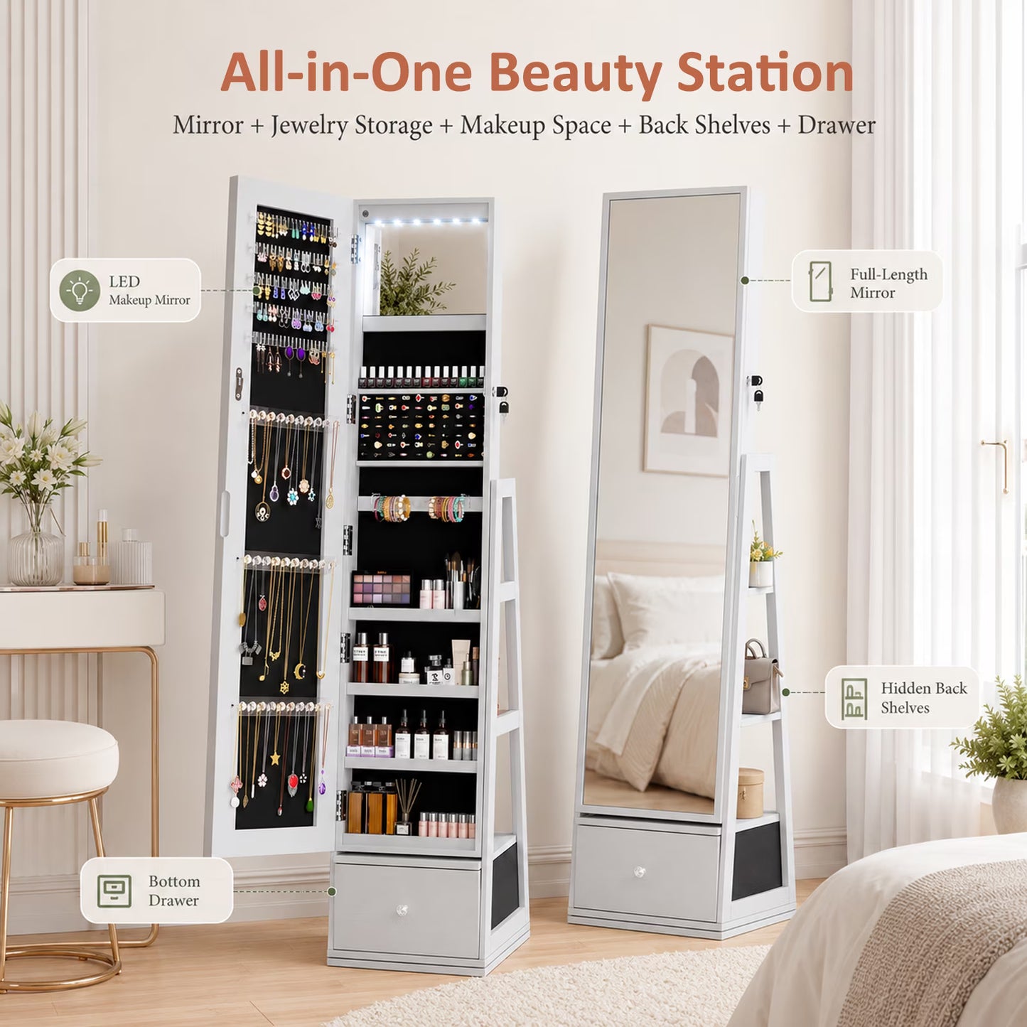 5-In-1 Jewelry Organizer With Drawer, Hanging Jewelry Organizer With Led Lights, 360° Swive Full Length Mirror, 15.83 x 14.96 x 64.96 Inches, Gift for Women, White