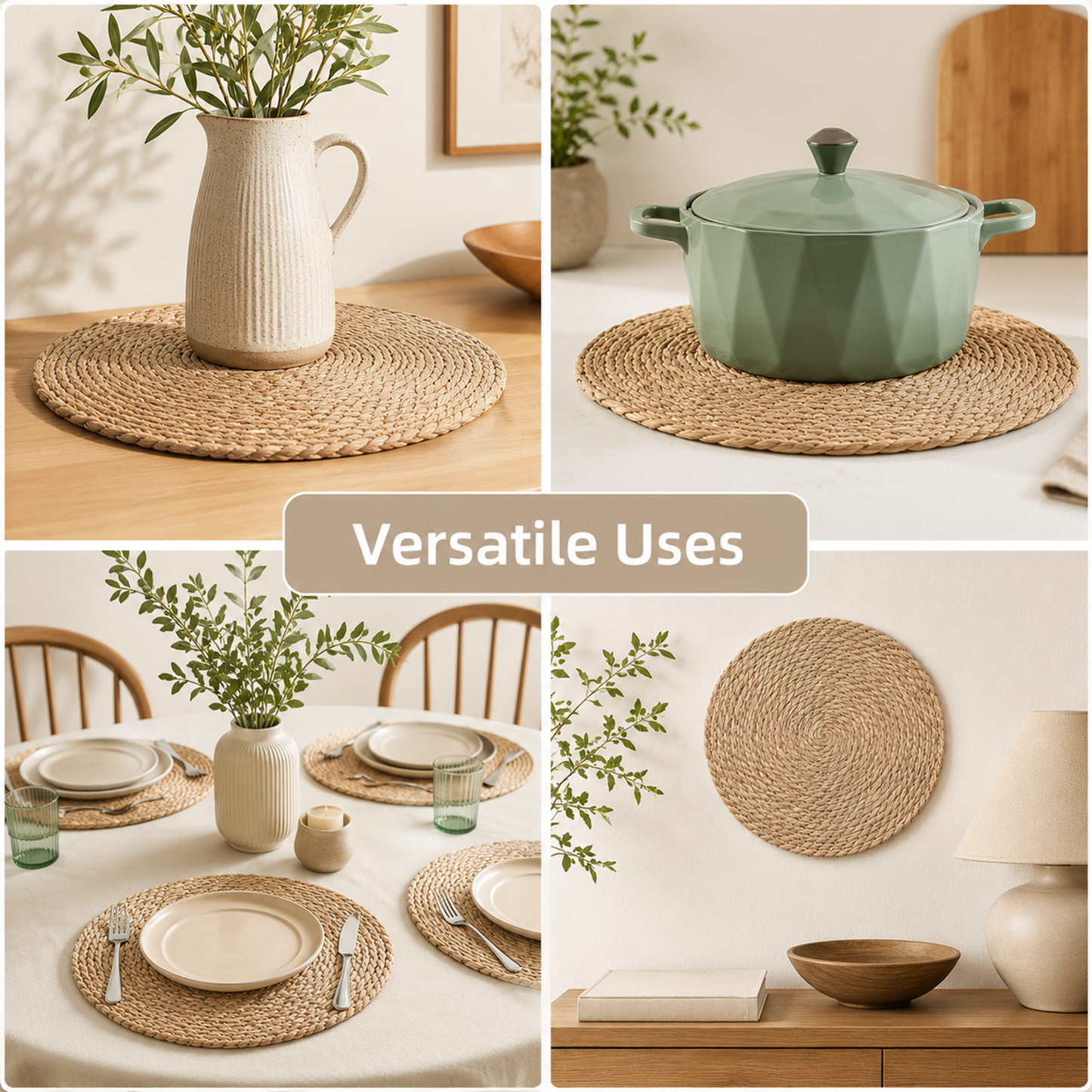 12-Pack Round Woven Placemats — 13.8" Boho Rattan Chargers for Dining Table, Straw Braided Place Mats for Farmhouse & Wedding Decor