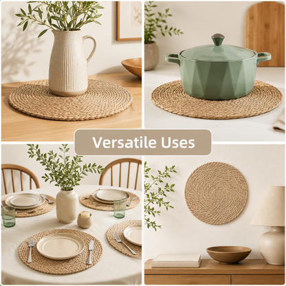 12-Pack Round Woven Placemats — 13.8" Boho Rattan Chargers for Dining Table, Straw Braided Place Mats for Farmhouse & Wedding Decor