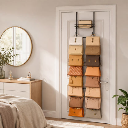 Over the Door Purse Organizer with 16 Hooks — Wall-Mounted Handbag Rack with Metal Basket, Closet Storage for Bags, Hats & Accessories