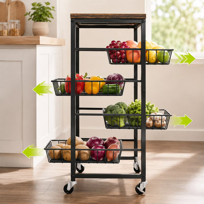 4 Tier Wheeled Snack Storage Trolley with Wooden Top & Pull Out Baskets, Mobile Rolling Fruit Vegetable Organizer Cart, Multiuse Rolling Storage Unit for Kitchen Pantry and Living Room, Brown