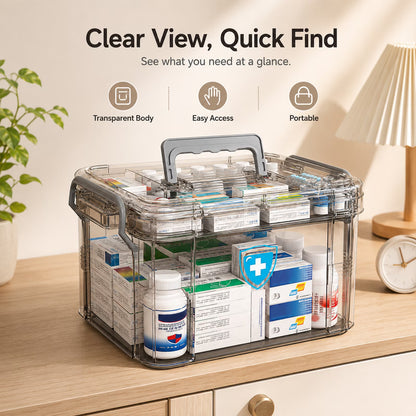 2-Tier Medicine Organizer, Portable Plastic Medical Box with Handle, Dual-Layer Storage Case for Pills and First Aid Supplies at Home