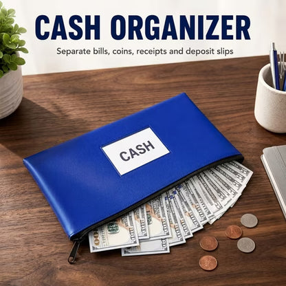 10 Pack Money Bags with Zipper, 11.5 x 6.2 in Blue PU Leather Bank Deposit Bags with Label Window, Cash Pouch for Bills, Receipts, Coins, Checks, Office Tools