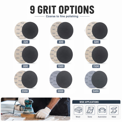 6 Inch Sanding Discs, 50 Pcs Hook and Loop Wet Dry Sandpaper 1000 1500 2000 3000 5000 Grit, Waterproof Silicon Carbide Sand Paper for Random Orbital Sander, Automotive Wood Metal