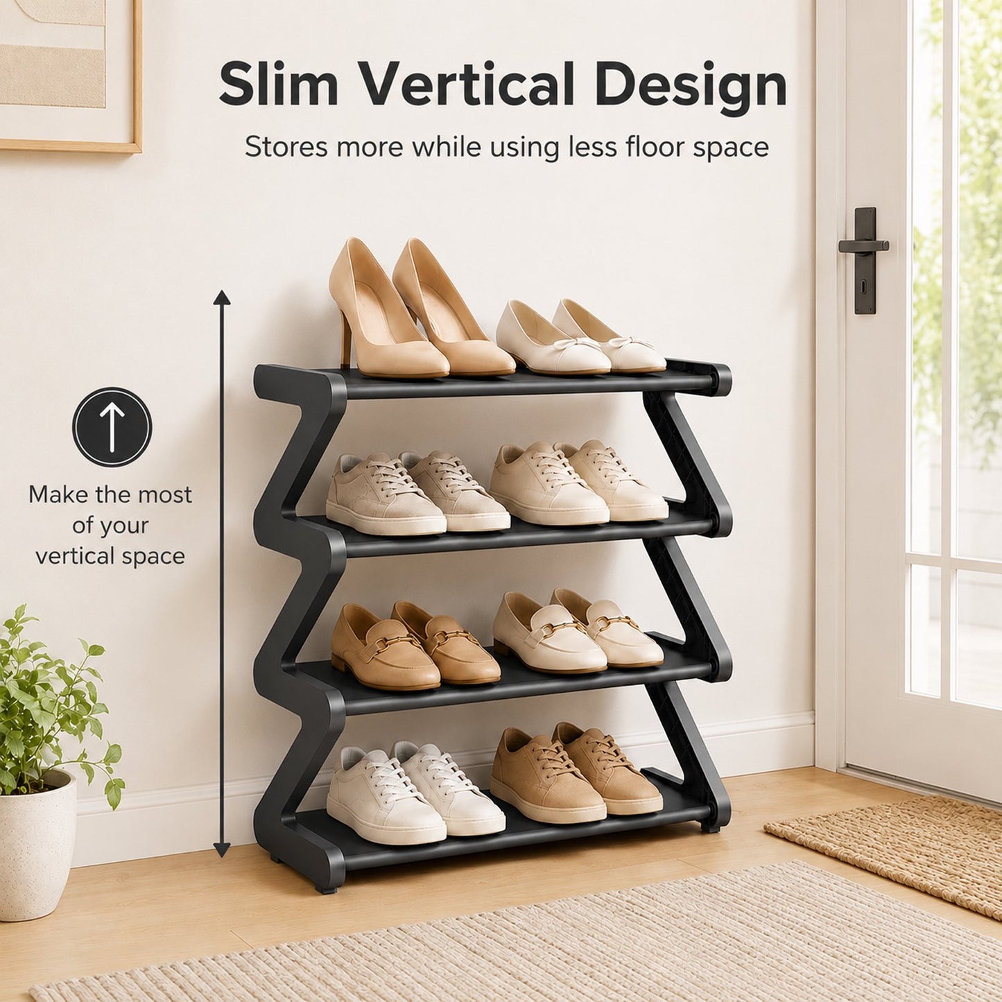 4-Tier Z-Shaped Shoe Rack, Freestanding Plastic Shoe Storage Organizer with Gold Connectors, Stackable Shoe Shelf for Entryway Closet Living Room, Black