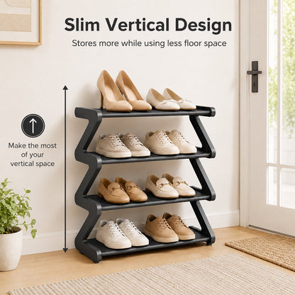 4-Tier Z-Shaped Shoe Rack, Freestanding Plastic Shoe Storage Organizer with Gold Connectors, Stackable Shoe Shelf for Entryway Closet Living Room, Black
