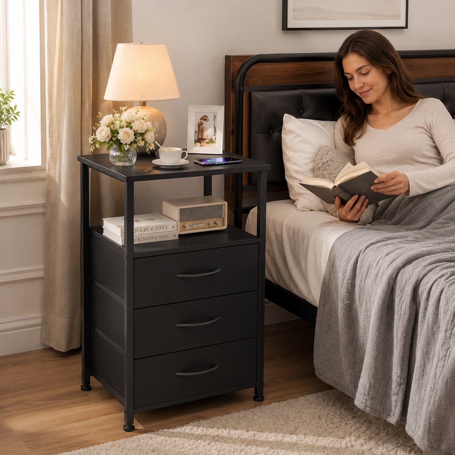 Wooden Nightstand with LED Light, 3 Drawers, 2-Tier Shelf & Charging Station, Bedside Table for Home & Office