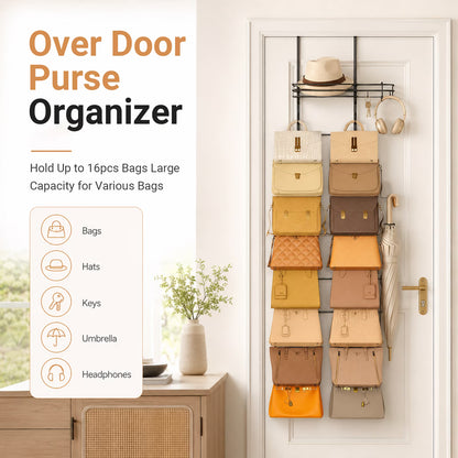 Over the Door Purse Organizer with 16 Hooks — Wall-Mounted Handbag Rack with Metal Basket, Closet Storage for Bags, Hats & Accessories