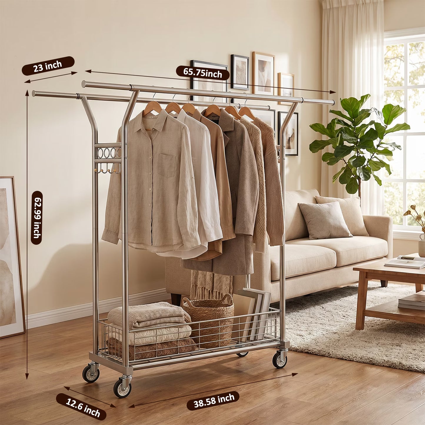 Heavy Duty Double Rod Clothing Rack, Adjustable Rolling Garment Rack with Wheels, 670LBS Load Capacity, Portable Clothes Rack for Bedroom Laundry Closet, Silver