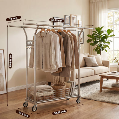 Heavy Duty Double Rod Clothing Rack, Adjustable Rolling Garment Rack with Wheels, 670LBS Load Capacity, Portable Clothes Rack for Bedroom Laundry Closet, Silver