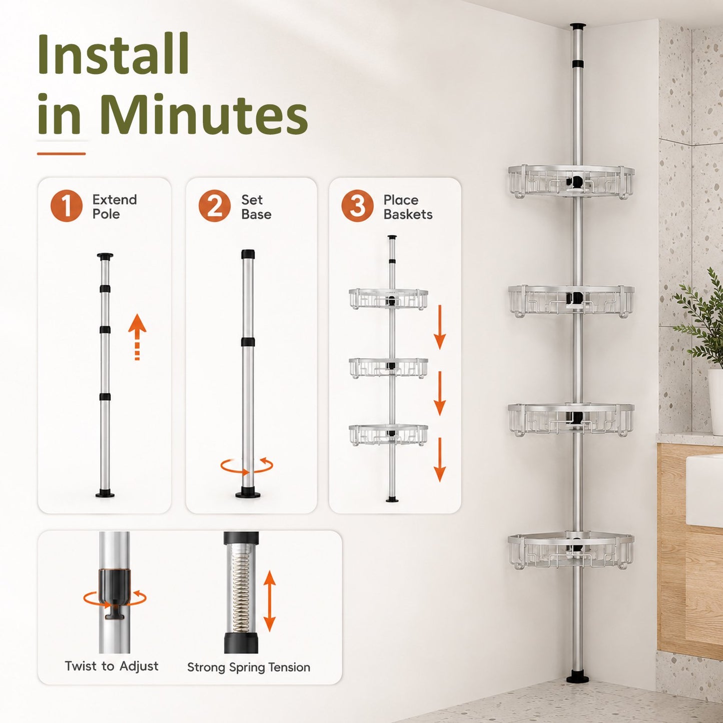 Corner Shower Caddy Tension Pole, 4-Tier Rustproof Bathroom Storage Shelf, Adjustable 62-115 Inch Bathtub Organizer, Silver