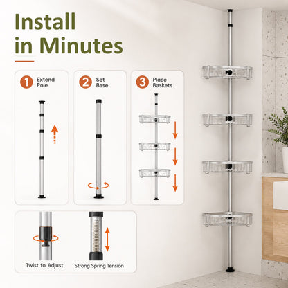 Corner Shower Caddy Tension Pole, 4-Tier Rustproof Bathroom Storage Shelf, Adjustable 62-115 Inch Bathtub Organizer, Silver