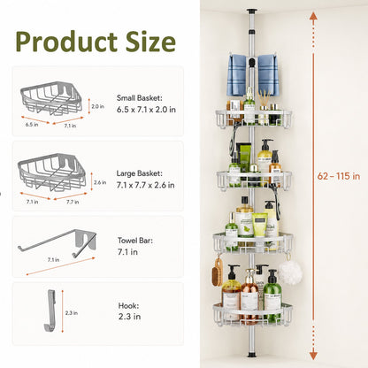 Corner Shower Caddy Tension Pole, 4-Tier Rustproof Bathroom Storage Shelf, Adjustable 62-115 Inch Bathtub Organizer, Silver