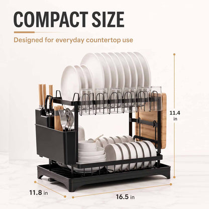 2-Tier Dish Drying Rack for Kitchen Counter, Stainless Steel Dish Drainer with Swivel Spout, Utensil Holder & Cutting Board Rack, Large Capacity Space Saver