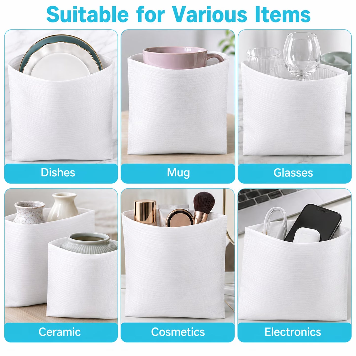 100-Pack Packing Foam Pouches, 8 x 10 in Cushion Sleeves for Dishes, Cups, Glassware and Fragile Items, 0.02 in Thick Packing Supplies for Moving