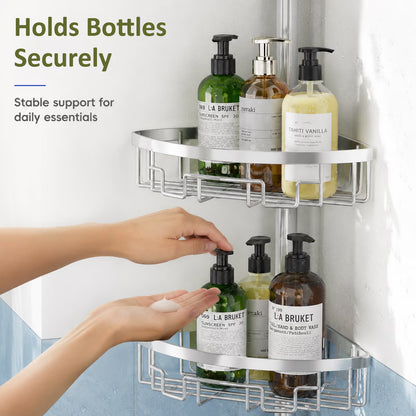 Corner Shower Caddy Tension Pole, 4-Tier Rustproof Bathroom Storage Shelf, Adjustable 62-115 Inch Bathtub Organizer, Silver