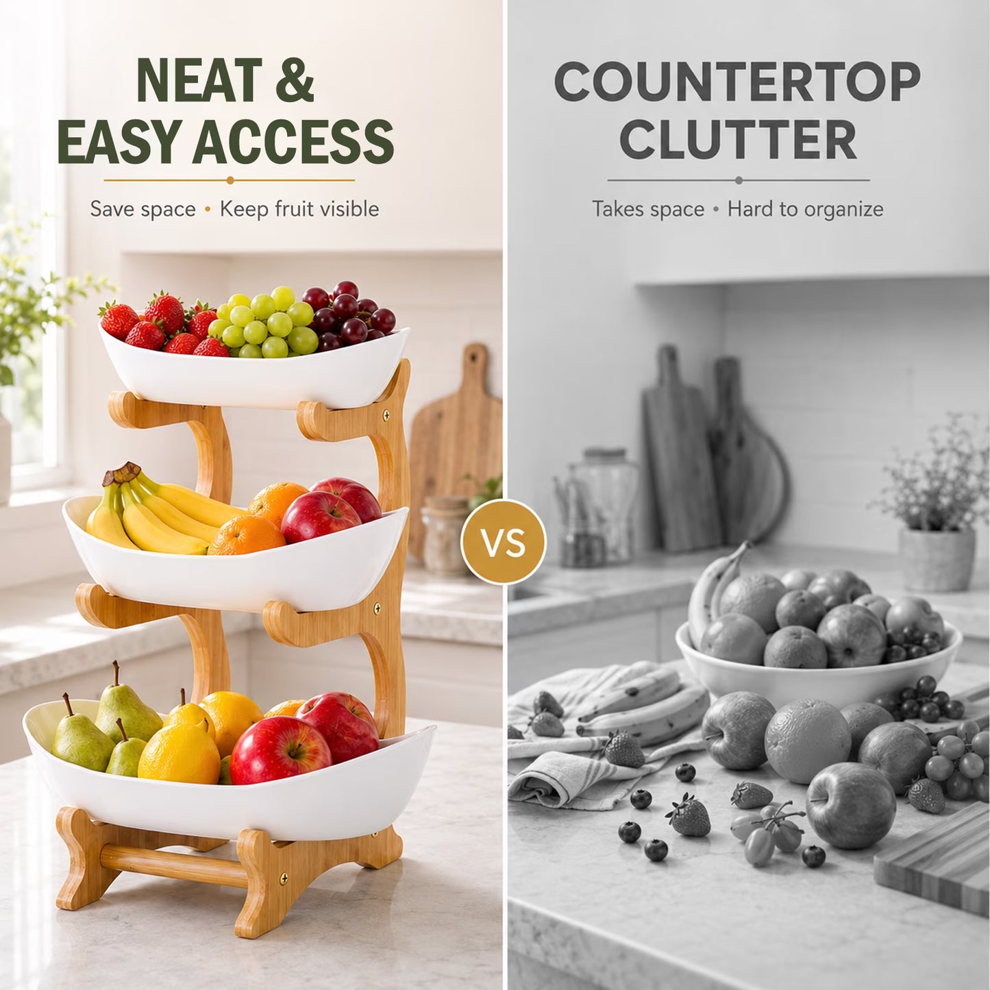 3 Tier Plastic Fruit Bowl With Bamboo Wood Stand, Serving Tray Rack for Fruits, Vegetables, Snacks and Desserts for Home & Events (White)
