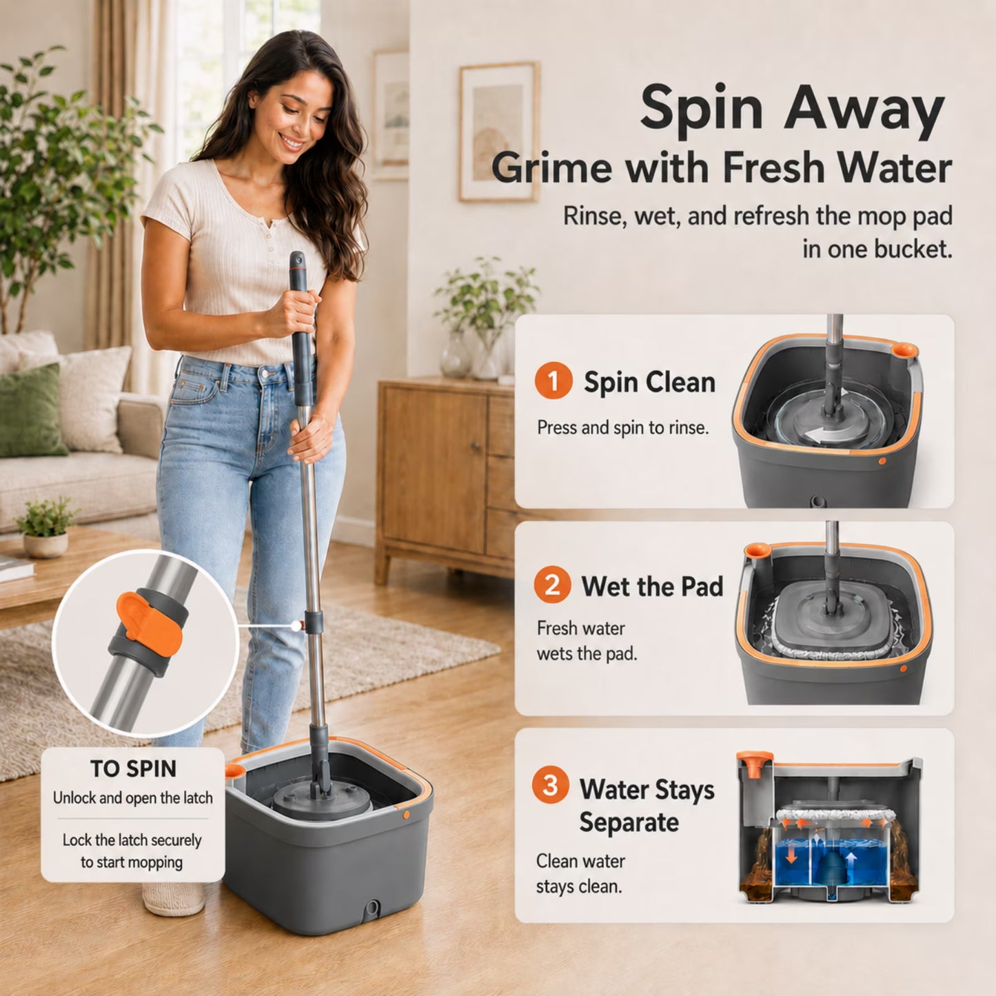 Square Spin Mop and Bucket Set, Clean & Dirty Water Separation, Hands-Free Self-Wringing, 6 Machine Washable Microfiber Pads for Multi-Floor Compatible