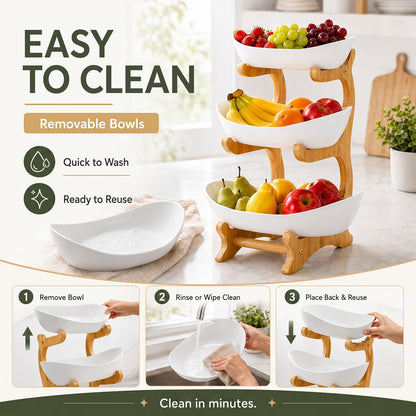 3 Tier Plastic Fruit Bowl With Bamboo Wood Stand, Serving Tray Rack for Fruits, Vegetables, Snacks and Desserts for Home & Events (White)
