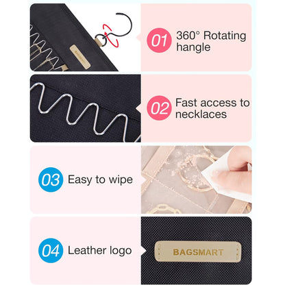 Hanging Jewelry Organizer, Double-Sided Jewelry Holder with Metal Hooks, Large Black Storage Roll for Closet Wall Door, 14 X 33 inch