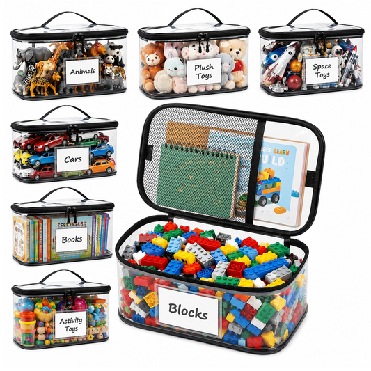6 Pack Clear Toy Storage Bags with Name Tag and Manual Pocket, Waterproof Toy Organizer Bags with Zippers for Building Blocks, Puzzles, Dolls, Board Games and Small Toys