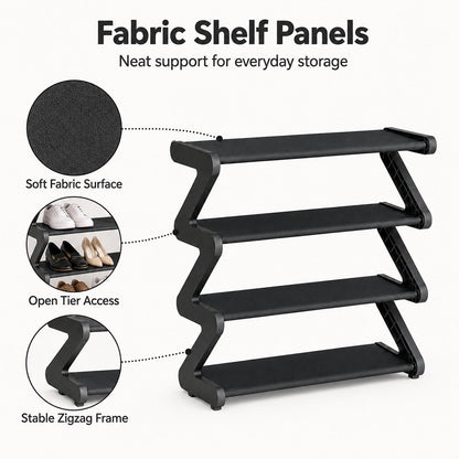 4-Tier Z-Shaped Shoe Rack, Freestanding Plastic Shoe Storage Organizer with Gold Connectors, Stackable Shoe Shelf for Entryway Closet Living Room, Black